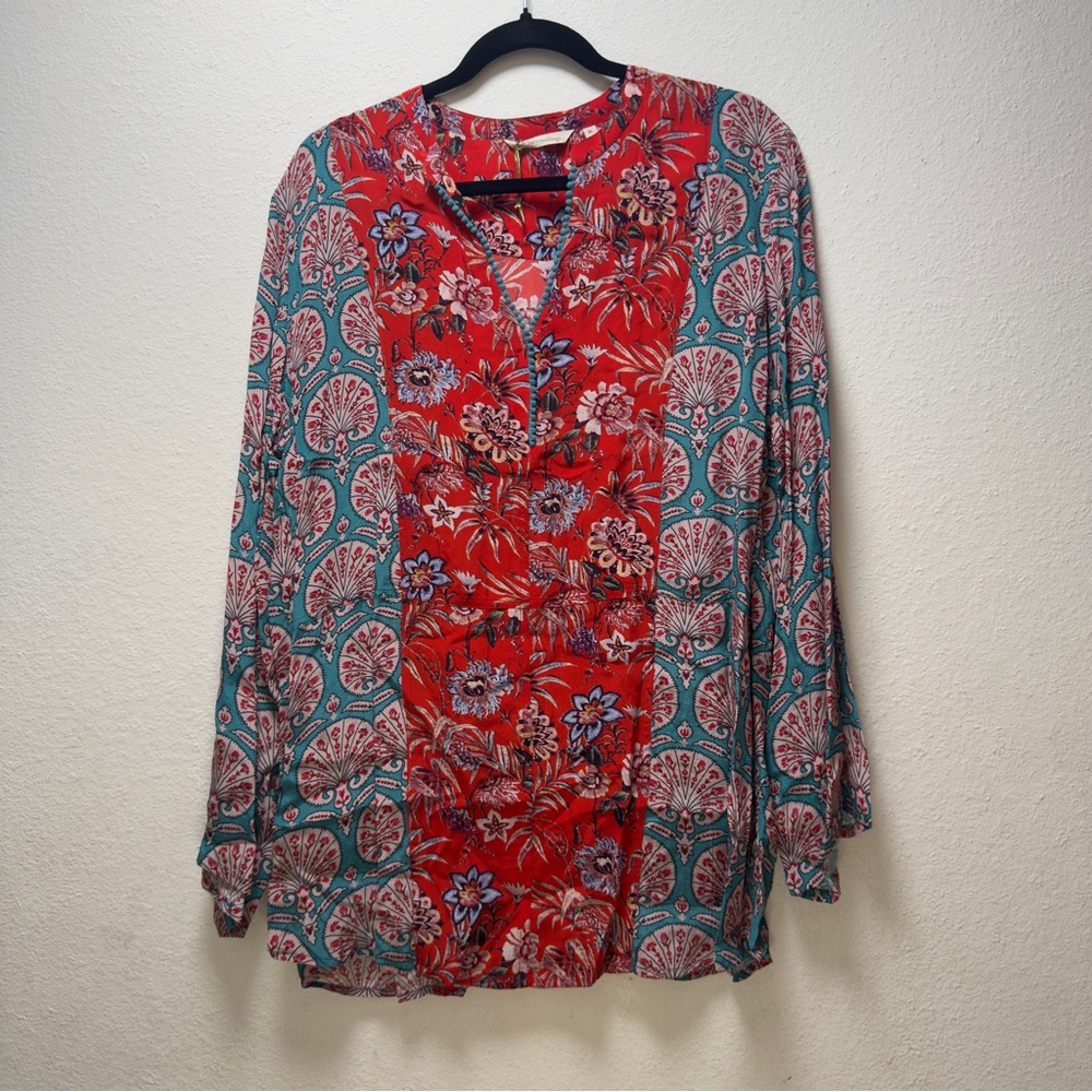Soft Surroundings Red and Blue Long Sleeve Buttoned Blouse
